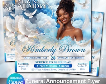 Annuncio funebre modificabile, volantino commemorativo, inviti/celebrazione della vita/modello digitale Canva: blu