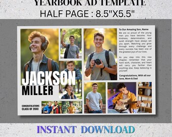 Senior Yearbook Ad Template | Half Page Boy | High School Graduation Dedication Photo Collage Tribute