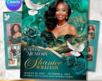 Funeral Program Template | Obituary Template for women | Memorial Canva | Green Rose, 8-page 11 x17