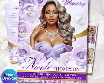 Funeral Program Template | Obituary Template for women | 8-Page memorial tributes | Purple Lavender 11x17