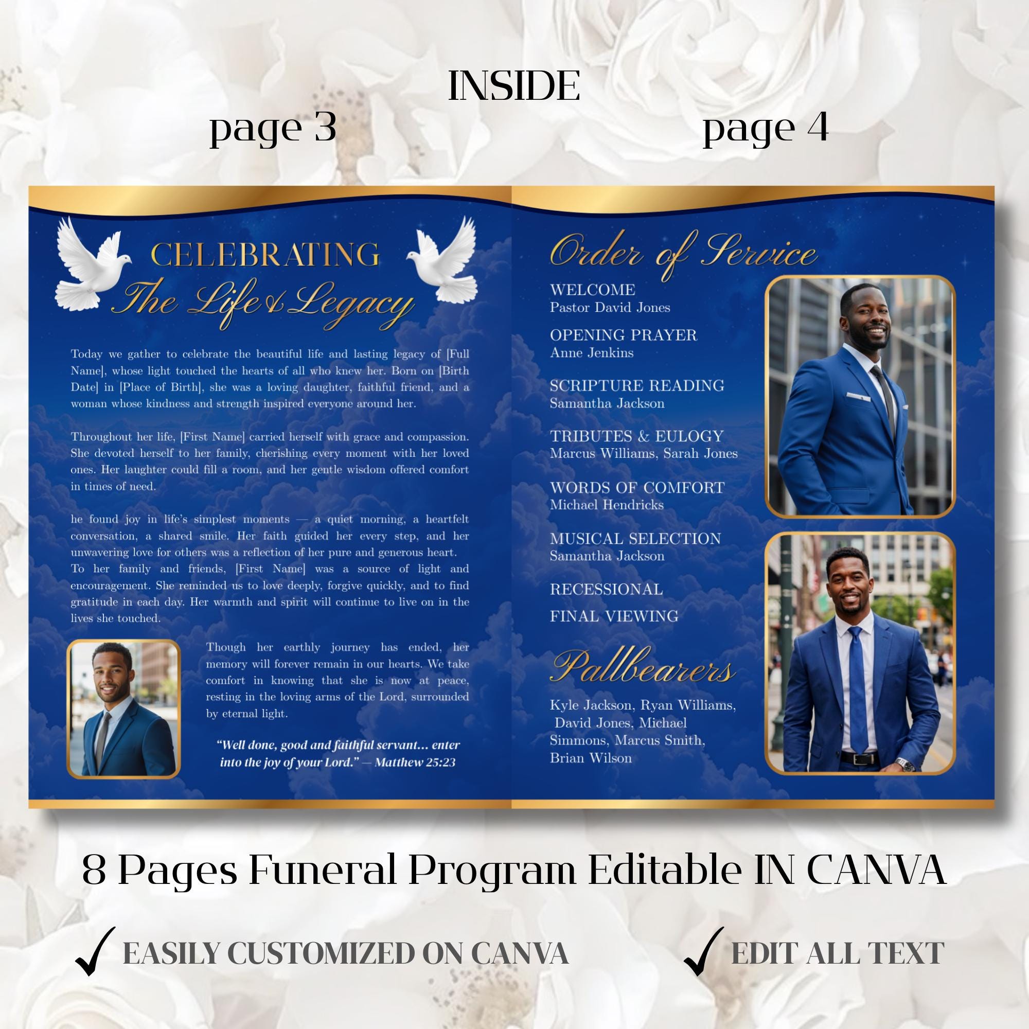 Funeral Program Template | Obituary Template for Men | 8-page Memorial ...
