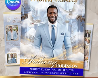 Modello di programma funebre / Modello di necrologio per uomini / Canva modificabile di 4 pagine / Blu e bianco 11x17