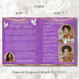 May include: A funeral program template with a purple and gold design. The program includes text such as "Celebrating The Life's Legacy" and "Order of Service." The template is editable in Canva and features photos of a woman.