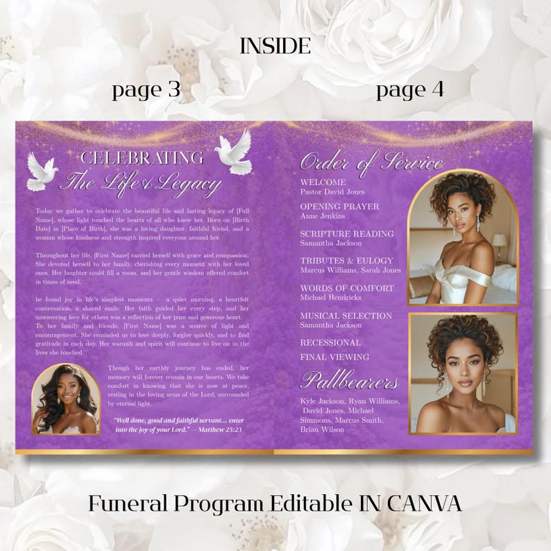 May include: A funeral program template with a purple and gold design. The program includes text such as "Celebrating The Life's Legacy" and "Order of Service." The template is editable in Canva and features photos of a woman.