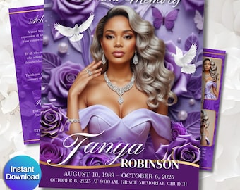 May include: A purple funeral program template with a portrait of a woman, surrounded by purple roses and butterflies. The text reads "In Loving Memory" and includes the name Tanya Robinson, dates, and service details. The words "Instant Download" are also visible.