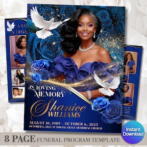 May include: A funeral program template with a portrait of Shanice Williams, surrounded by blue roses and doves. The design includes the text "In Loving Memory" and the dates August 10, 1989 - October 6, 2025. The template is an 8-page instant download.