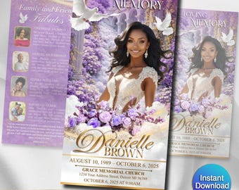 Funeral Program Template | Trifold Obituary Template for women | Memorial Programs | Lavender Purple 11x17