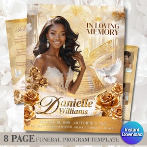 May include: A funeral program template with a portrait of a woman, gold roses, and the text "In Loving Memory." The program includes the name "Danielle Williams" and dates. The design has a gold and white color scheme.