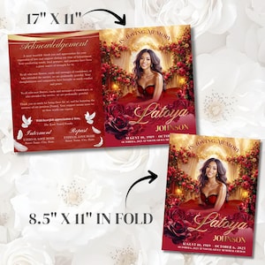 May include: A memorial card with a portrait of a woman in a red dress, surrounded by roses. The card is 17" x 11" unfolded and 8.5" x 11" folded, with text including "In Loving Memory" and the name "Latoya Johnson".