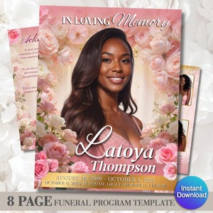 Pink Rose Funeral Program Template | Obituary Template | Lavender 8-Page memorial Programs 11x17