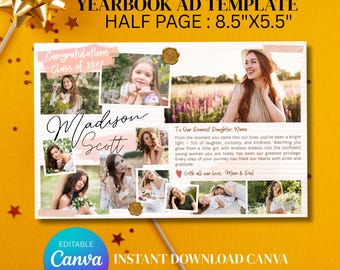 Modello di annuncio per annuario scolastico / Ragazza a mezza pagina / Collage fotografico di laurea, dedica, annuncio tributo su tela