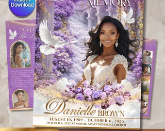 Funeral Program Template | Bifold Obituary Template for women | Memorial 4 page | purple lavender 11x17