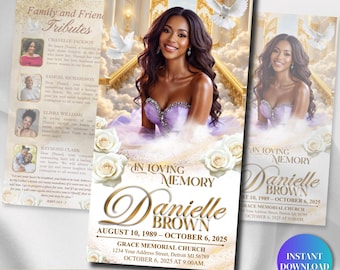 Funeral Program Template | Trifold Obituary Template for women | White & Gold Memorial Programs 17x11