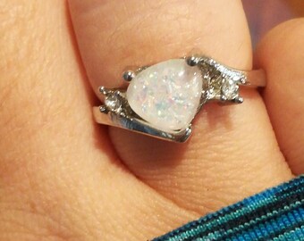 Glittery Opal Heart Ring | Handmade | Gifts For Her | Engagement | Anniversary | Birthday | White Sapphire | Silver | Love | Valentine's