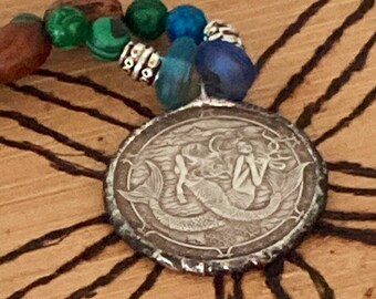Mermaid Coin Necklace | Beaded | Medallion | Blue | Silver Eagle | patina | Bohemian | Gypsy | Women  | Girls | Goddess | Siren | Vintage