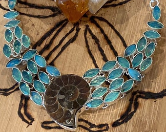 Aquamarine & Ammonite Fossil Statement Necklace | Handmade | Silver | Blue Green Gemstone | Gift for Her | Anniversary | Formal