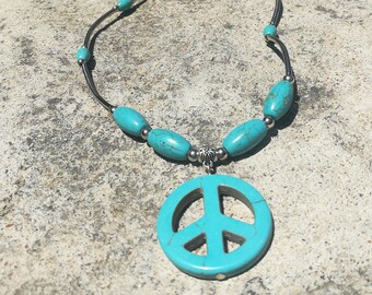 Sterling Silver Blue Peace Sign Howlite Necklace | Handmade | Natural | Beaded | Gift for Her | Birthday | Boho | Casual | Beach Jewelry
