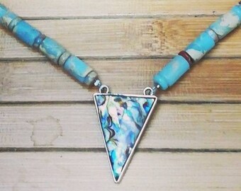 Sterling Silver Abalone Triangle Necklace | Natural Stone & Sea Shell | Handmade |Gifts For Her | Anniversary | Birthday | Boho | Unique