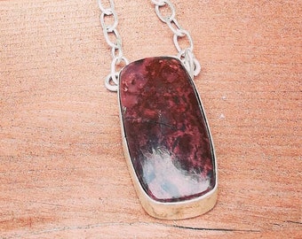 925 Ruby Zoisite Necklace | Handmade | Rectangle | Tab | Silver | Gifts For Her | Boho | Gypsy | Red | July Birthday | Anniversary | Chain