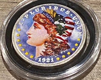 Beautiful 1921 Denver (D) Mint Morgan Silver Dollar Colorized