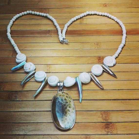 Ammonite Squash Blossom Like Beaded Sterling Silver Abalone Fossil