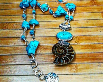 Sterling Silver Turquoise & Fossil Necklace | Wire Wrapped  | Long | Silver | Handmade | Gifts For Her | Unique | Beach | Fossil