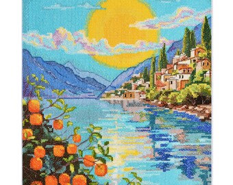 Cross Stitch Kit - Italian Coastal Landscape, Sun Embroidery