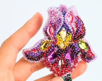 Iris brooch, bead embroidery kit, bead brooch flower