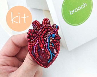 Heart brooch, beaded brooch, bead embroidery kit