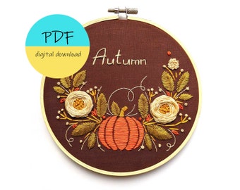 Halloween embroidery, embroidery download autumn, pumpkin diy kit, autumn leaves