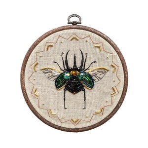 Scarab embroidery, scarab beetle, bead embroidery kit done embroidery