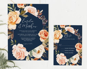 Peach Floral Corjl 204 Burgundy Flowers Autumn Coral Floral Wedding Suite Boho Wedding Invitation Fall Wedding Editable Template