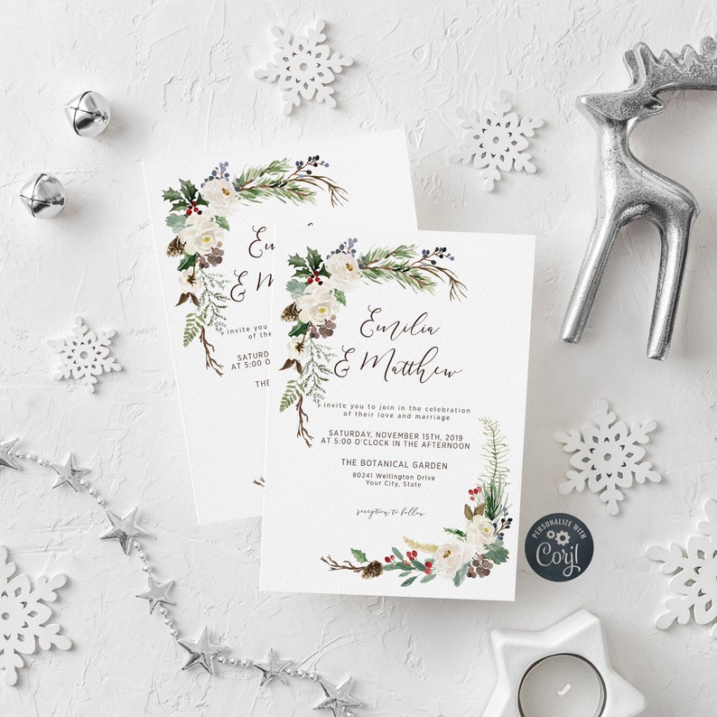 EDITABLE FILE Christmas Wedding Invitation Winter Greenery image 0