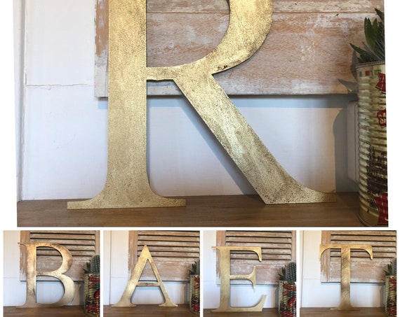 Rustic 5" or 12" gold metal alphabet letters, A-Z, 0-9, initials, house name, lettering, barbers, bar, coffee shop, eat numbers home gin tea