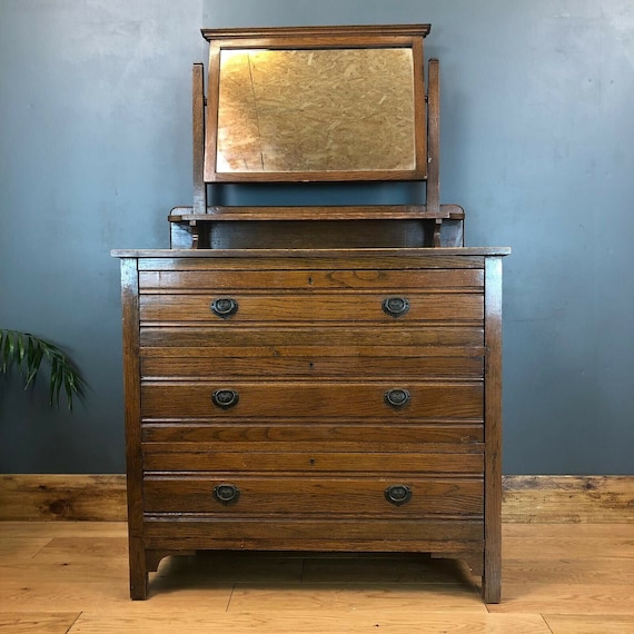 Antique Arts & Crafts Chest Of Drawers Oak Mirror Vintage Dressing Table Bedroom