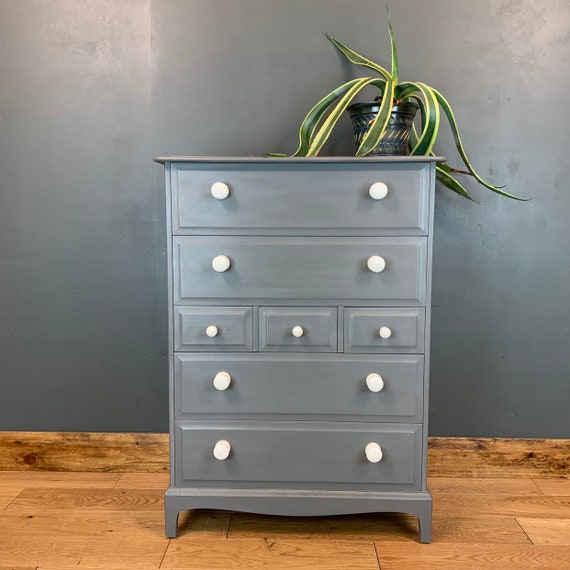 Vintage Stag Retro Upcycled Shabby Chic Chest Of Drawers Painted Blue/grey