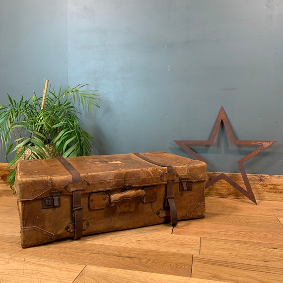 Vintage Leather Antique Suitcase Travelling Trunk Old Shabby Chic Rustic Decor