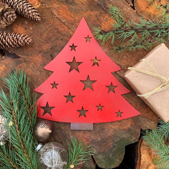Rustic RED CHRISTMAS TREE Plaque Sign Metal Shop Home decoration Nordic
