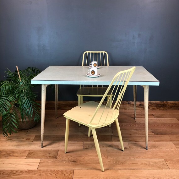Retro Mid Century Vintage Formica Topped Table & 2 Metal Chairs Rewing Rustic