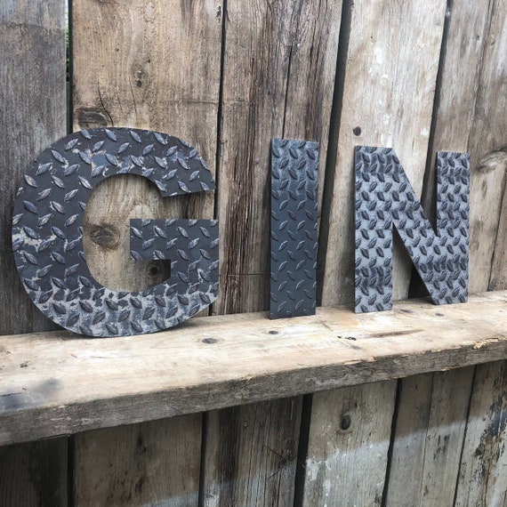GIN INDUSTRIAL LETTERING Letters Metal Shop Home Sign Rustic Food Drinks Cafe Bar