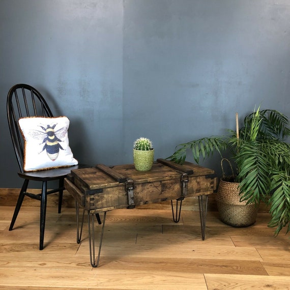 Rustic Small Pine Industrial Coffee Side Table Hairpin Legs Vintage Army Storage