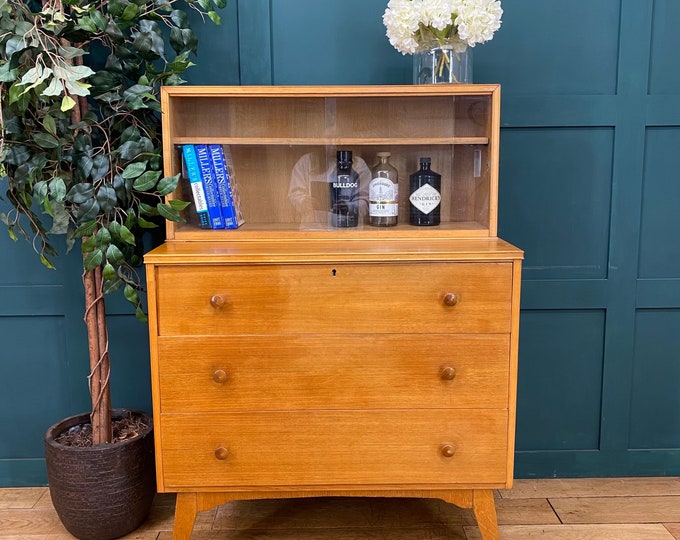 Retro oak Bookcase Secretaire /Mid Century Sideboard/ Cocktail Cabinet /drawers