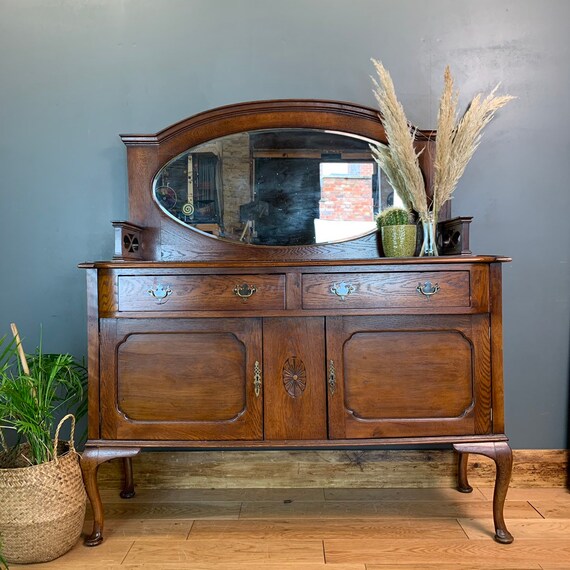 Vintage Rustic Antique Oak Sideboard Buffet Cupboard Drawers Unit Storage Mirror