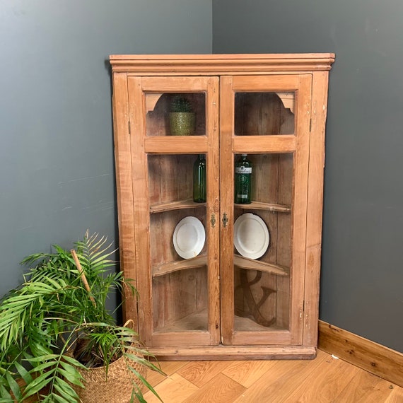Antique Victorian Old Pine Corner Wall Mountable Glazed Cupboard Storage
