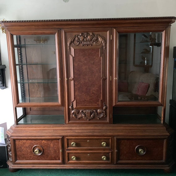 Large Antique German Schrank Oak Display Cabinet Cupboard Dresser Glazed