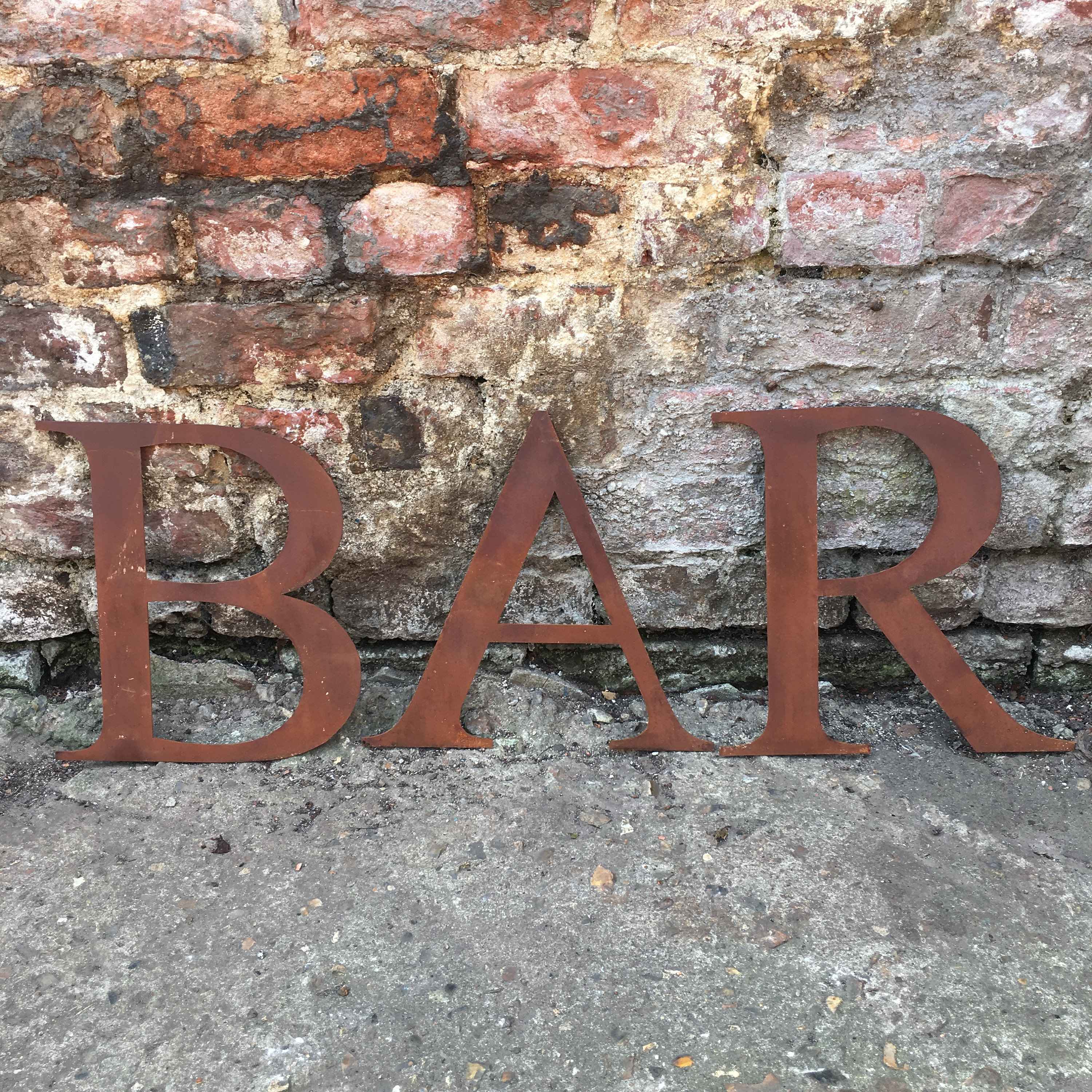 BAR Rusty metal word letters, shop home sign house garden name