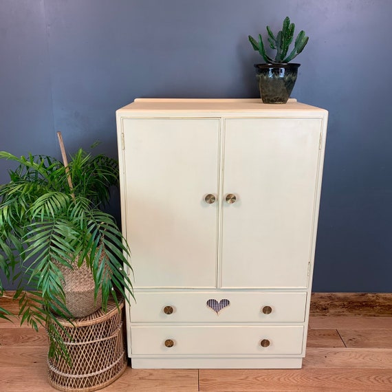 Vintage Painted Tallboy Cupboard Shelves Storage Shabby Chic Rustic Unit Yellow