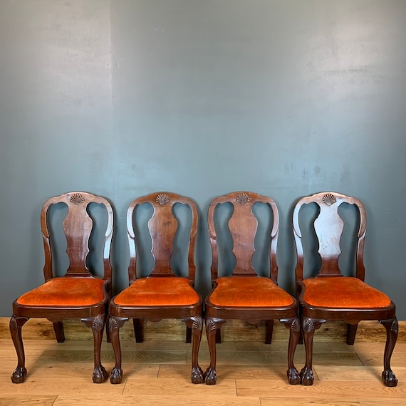 Set Of Four Antique Solid Mahogany Chairs Stools Seat Seating Dining Chippendale