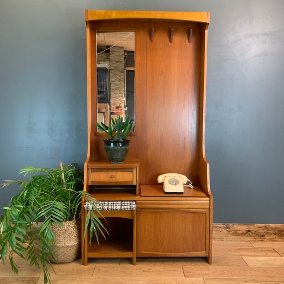 Retro Mid Century Chippy Hallway Telephone Stand Seat Bench Coat Stand Hook