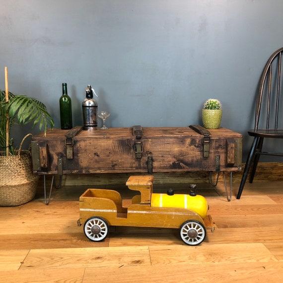A Vintage wooden Trunk Chest box Rustic Industrial Coffee table Upcycled Hairpin